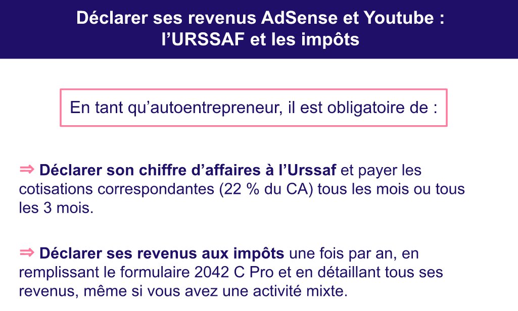 Déclarer revenus autoentrepreneur adSense et YouTube