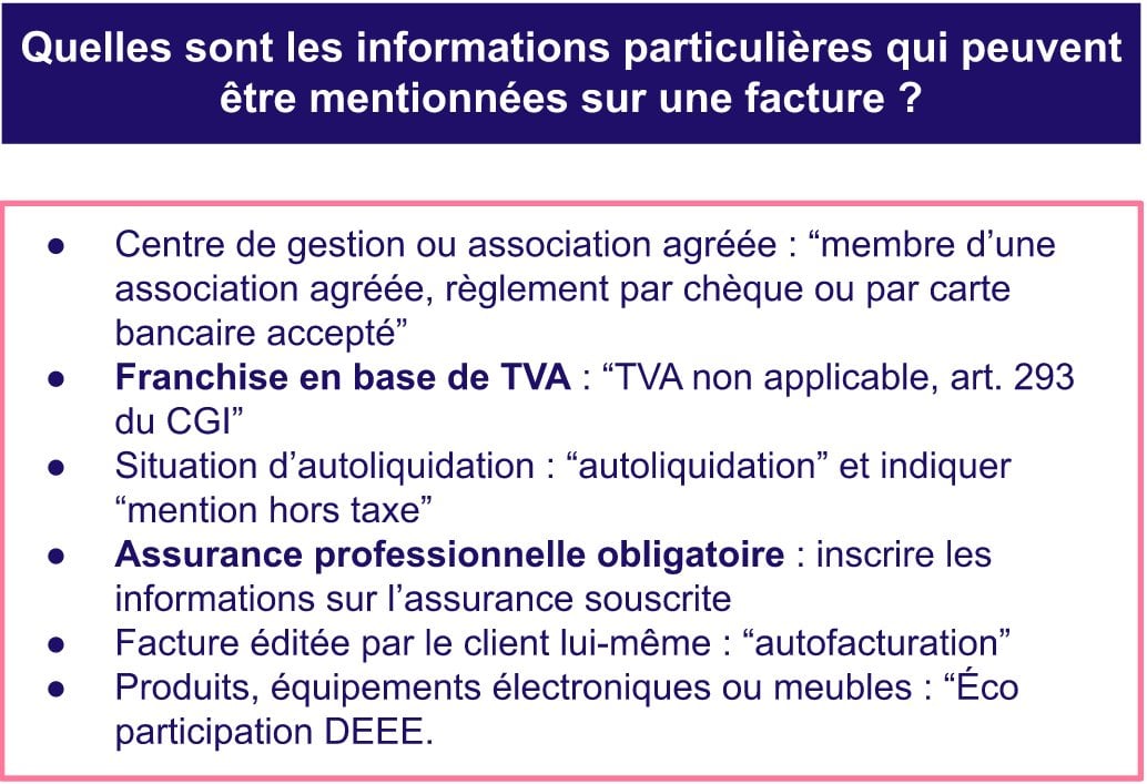 Informations particulières facture auto entrepreneur