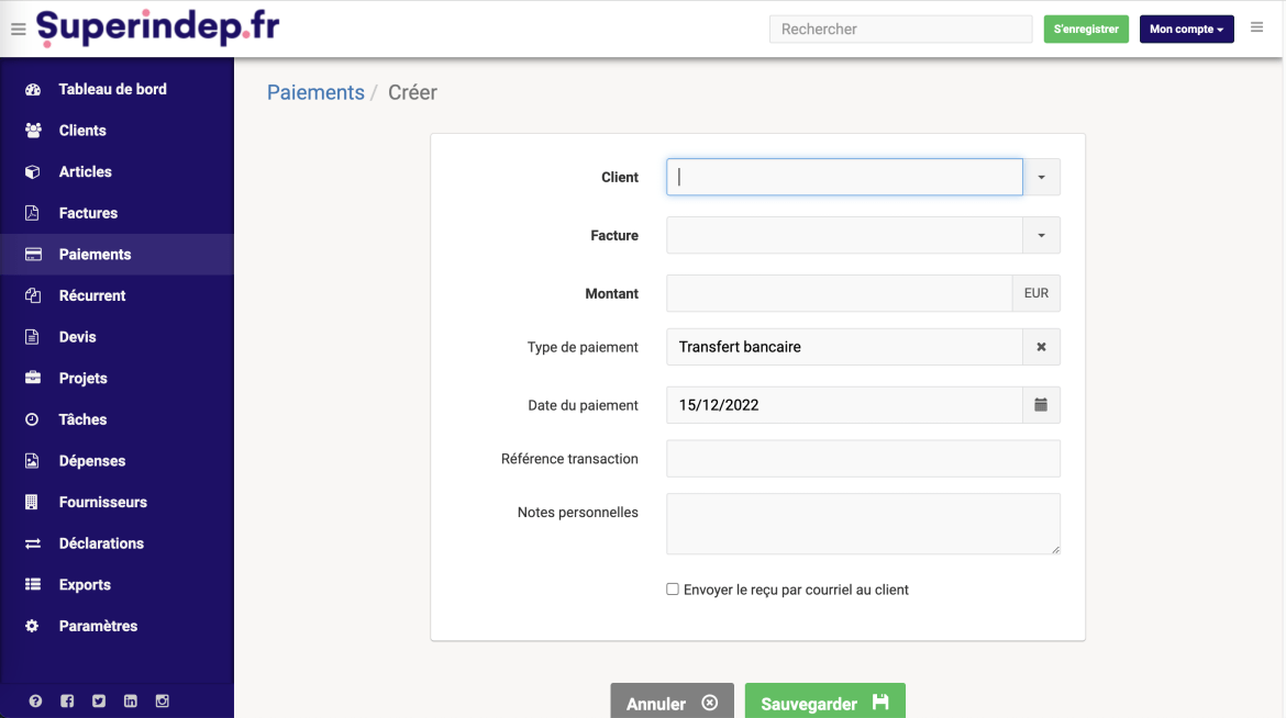 Ajouter le paiement d’une facture sur notre outil de facturation Superindep