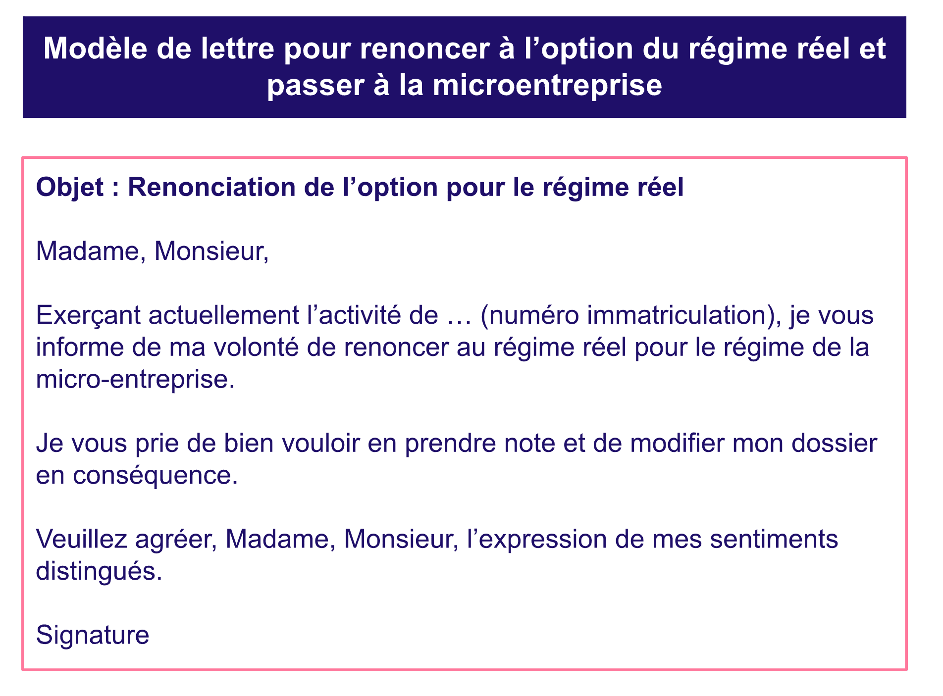 Lettre pour passer du régime réel à la microentreprise