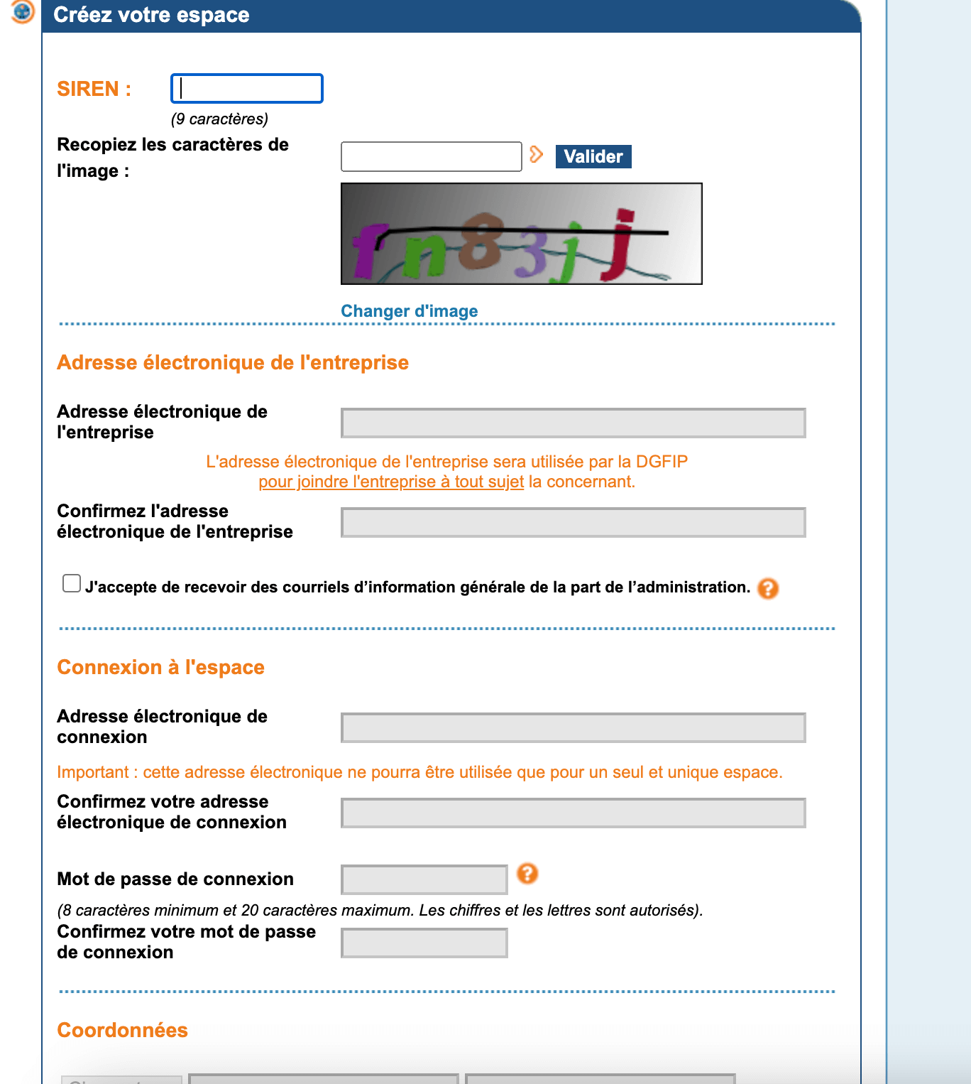 Etape 2 de la création du compte pro des impots autoentrepreneur