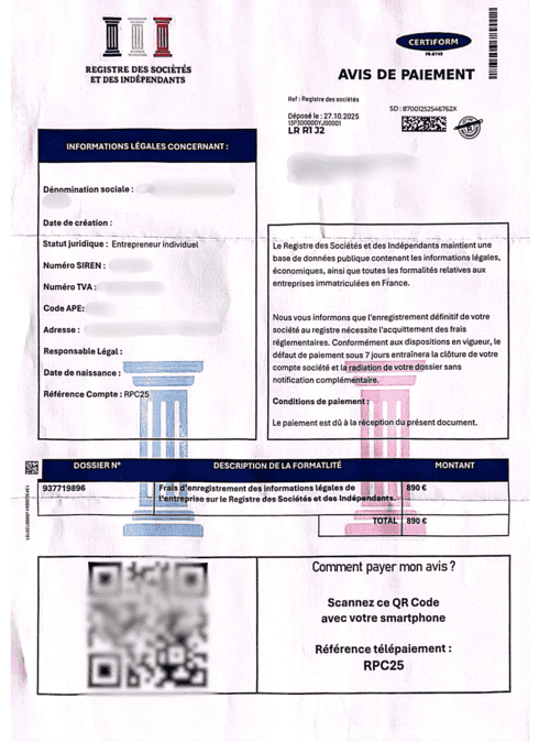 Courrier frauduleux du Registre des Sociétés et des Indépendants