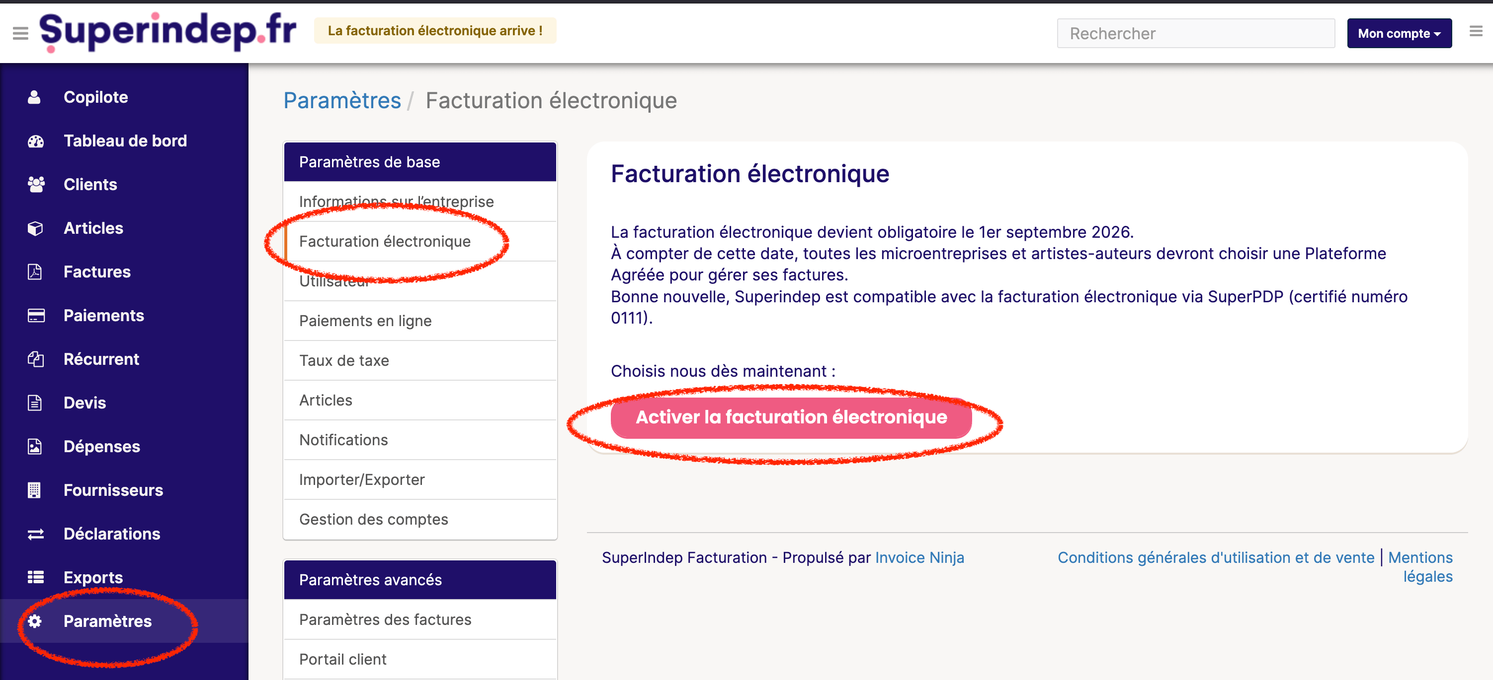 Activer la facturation électronique avec Superindep