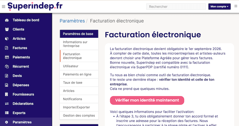 Dashboard Superindep de facturation électronique
